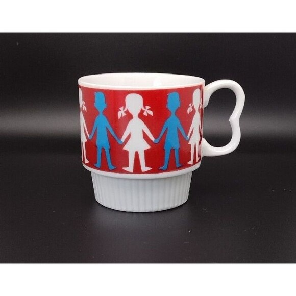 VTG MCM Stacking Coffee Cup Mug Paper Doll Boy Girl B Handle Japan Rare - Picture 1 of 6